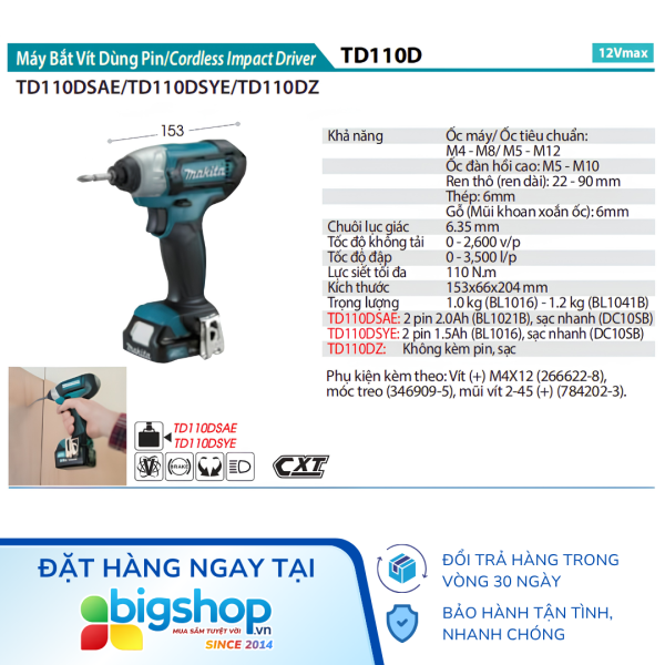 Máy vặn vít dùng pin 12V MAKITA TD110DSYE (2 pin 1.5Ah và 1 sạc)