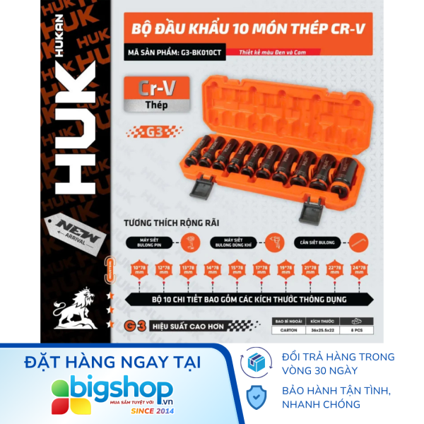 Bộ đầu khẩu 10 món thép CR-V HUKAN G3-BK010CT