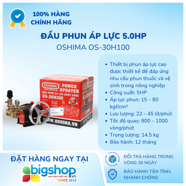Đầu phun áp lực OSHIMA OS-30H100 (5.0HP, Ty sứ đen)