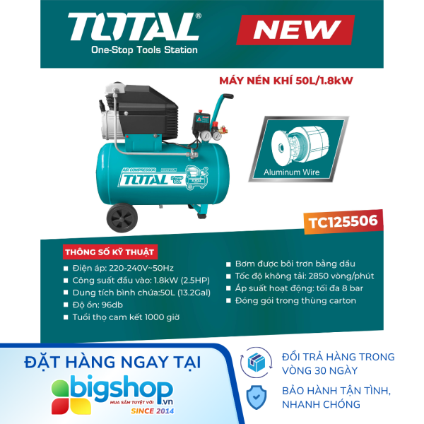 Máy nén khí có dầu 50L TOTAL TC125506 (Công suất 2.5HP)