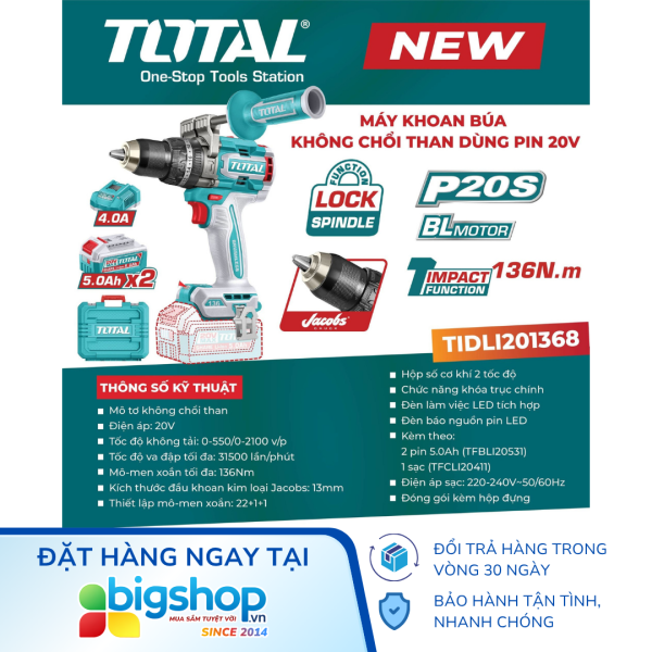 Máy khoan búa dùng pin 20V 136Nm TOTAL TIDLI201368 (2 pin 5.0Ah và 1 sạc)