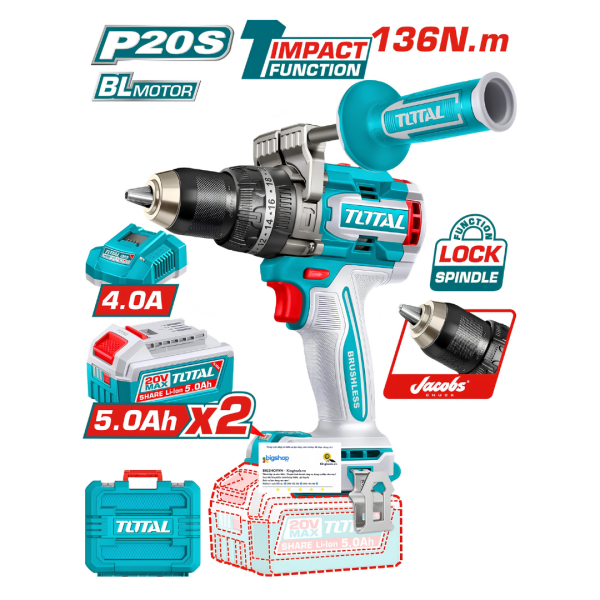 Máy khoan búa dùng pin 20V 136Nm TOTAL TIDLI201368 (2 pin 5.0Ah và 1 sạc)