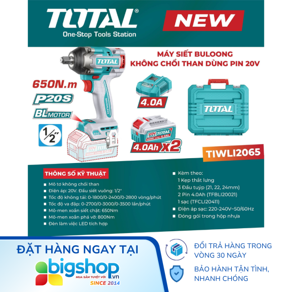 Máy siết bulong dùng pin 20V 650Nm TOTAL TIWLI2065 (2 pin 4.0Ah và 1 sạc)