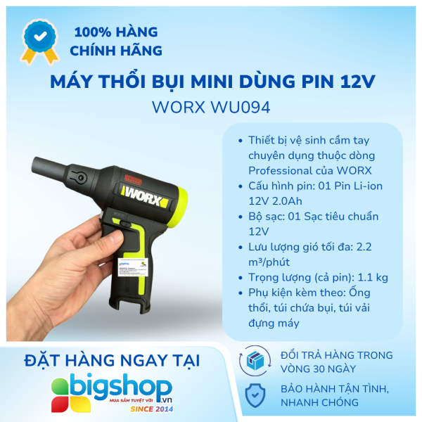 Máy thổi bụi dùng pin 12V WORX WU094 (1 Pin 2.0Ah và 1 Sạc)