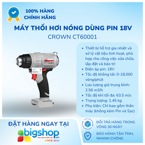 Máy thổi hơi nóng dùng pin 18V CROWN CT60001 (Thân máy)