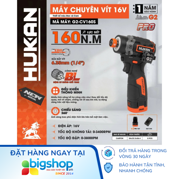 Máy chuyên vít búa dùng pin 16V HUKAN G2-CV160S (GEN 2) - 2 pin 2.0Ah và 1 sạc