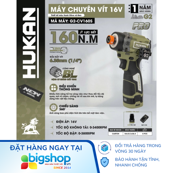 Máy chuyên vít búa dùng pin 16V HUKAN G2-CV160S (GEN 2) - 2 pin 2.0Ah và 1 sạc