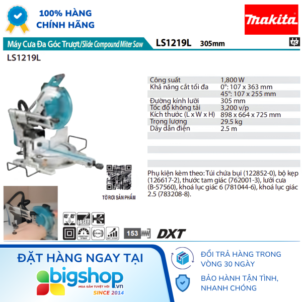 Máy cưa đa góc trượt MAKITA LS1219L (CS 1800W, 305mm)