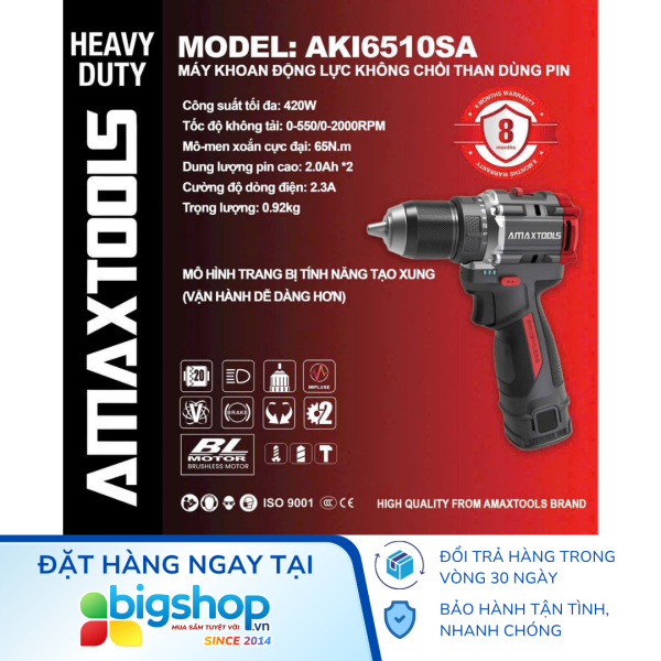 Máy khoan pin AMAXTOOLS AKI6510SA (2 pin 2.0Ah và 1 sạc)