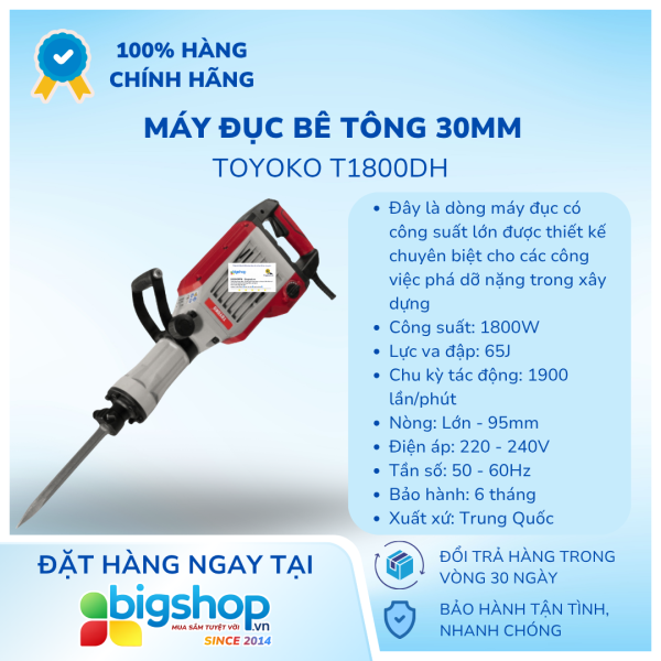 Máy đục bê tông TOYOKO T1800DH (Công suất 1800W, mũi 30mm)