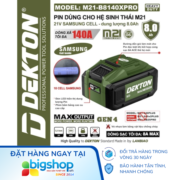 Pin 21V/8.0Ah DEKTON M21-B8140XPRO (Dòng xả tối đa 140A)