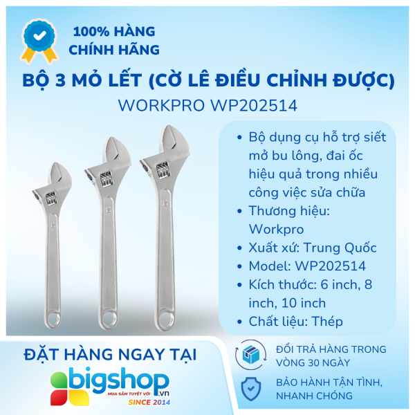 Bộ 3 mỏ lết (Cờ lê điều chỉnh được) WORKPRO WP202514 (6, 8, 10 inch)