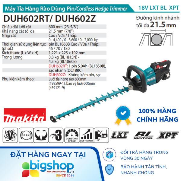 Máy tỉa hàng rào dùng pin MAKITA DUH602RT (1 pin 5.0Ah và sạc)