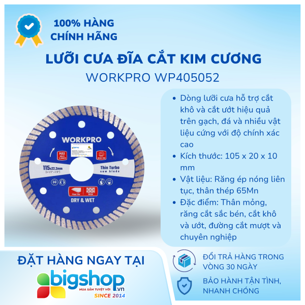 Lưỡi cưa đĩa cắt kim cương Turbo, Ultrathin Turbo để cắt chuyên nghiệp WORKPRO WP405052 (105x20x10mm)
