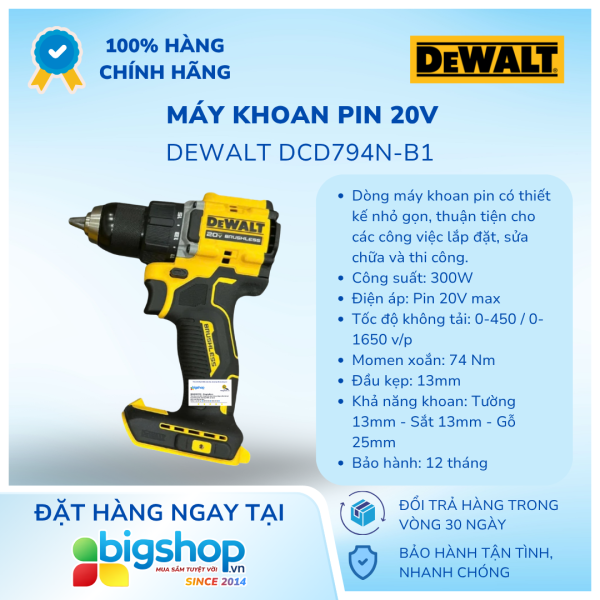 Máy khoan pin 20V DEWALT DCD794N-B1 (Atomic™) - Thân máy