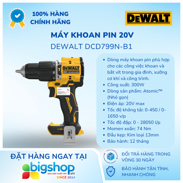 Máy khoan pin 20V DEWALT DCD799N-B1 (Atomic™) - Chưa bao gồm pin và sạc