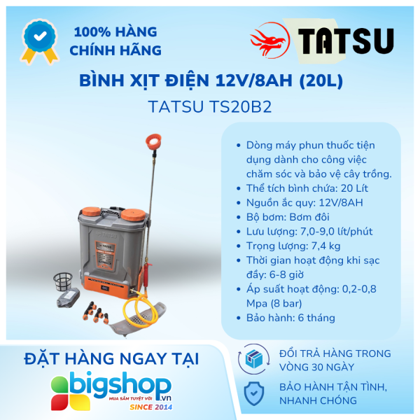 Bình xịt điện 12V/8AH TATSU TS20B2 (20L, bơm đôi, có đảo thuốc)