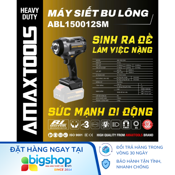 Máy siết bulong pin AMAXTOOLS ABL150012SM - Thân máy (Lực siết 1500Nm, mở 2000Nm)