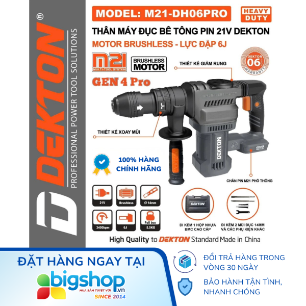 Máy đục bê tông dùng pin 21V DEKTON M21-DH06PRO (Thân máy, mũi 14mm)