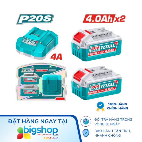 Bộ 2 pin 20V/4.0Ah và 1 sạc nhanh 4A TOTAL TFBCPK2013