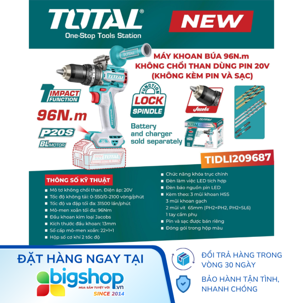 Máy khoan búa dùng pin 20V TOTAL TIDLI209687 (Thân máy, Lực siết 96Nm)