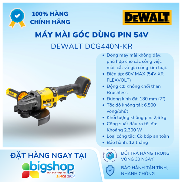 Máy mài góc dùng pin 54V DEWALT DCG440N-KR - Đĩa 180mm, công tắc bóp (Thân máy)