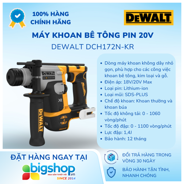 Máy khoan bê tông pin 20V DEWALT DCH172N-KR (Thân máy)