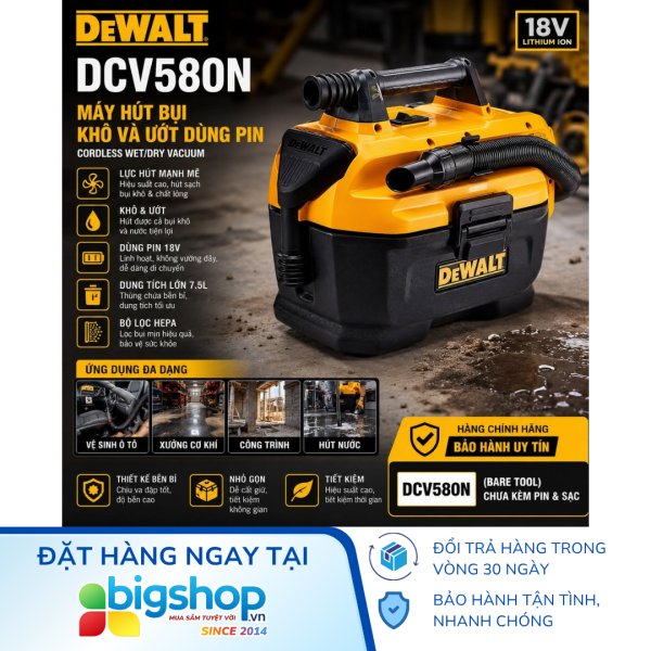 Máy hút bụi khô và ướt dùng pin 20V DEWALT DCV580N-KR (Thân máy)