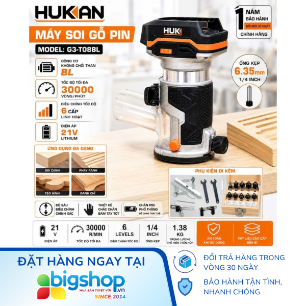 Máy phay gỗ pin HUKAN G3-T08BL (GEN 3) - Thân máy