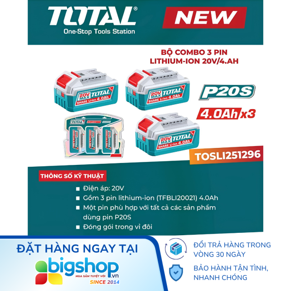 Bộ combo 3 pin Lithium-ion 20V/4.0Ah TOTAL TOSLI251296
