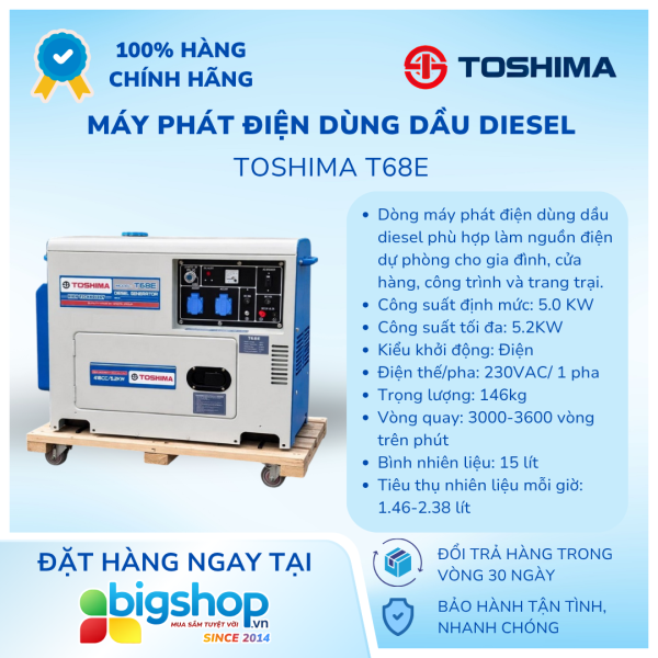 Máy phát điện dùng dầu diesel TOSHIMA T68E (Công suất 5.2kW)