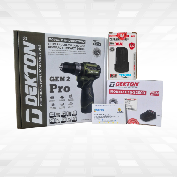 Combo máy khoan pin 16.8V DEKTON D16-ID1060XPRO, kèm 1 cục pin 2.0Ah (B2000TP) và sạc 2.0A (S2000)