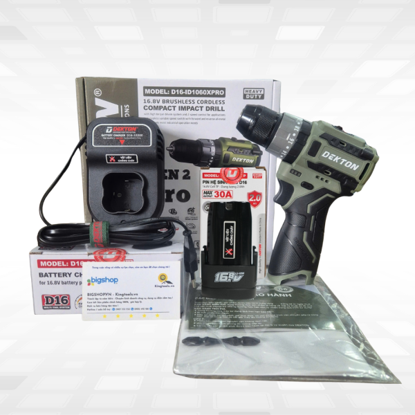 Combo máy khoan pin 16.8V DEKTON D16-ID1060XPRO, kèm 1 cục pin 2.0Ah (B2000TP) và sạc 2.0A (S2000)