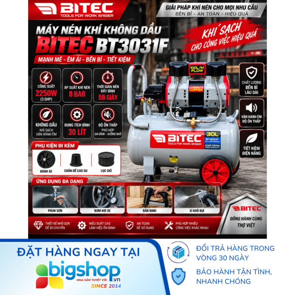 Máy nén khí không dầu 30L BITEC BT3031F (Công suất 2250W)