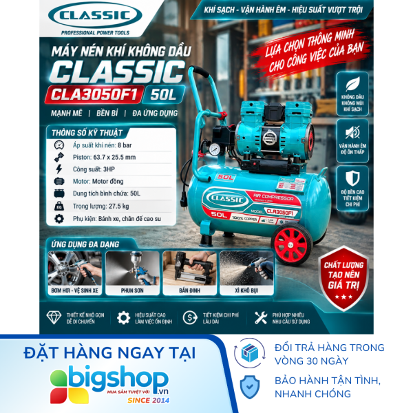 Máy nén khí không dầu 50L CLASSIC CLA3050F1 (Công suất 3.0HP)