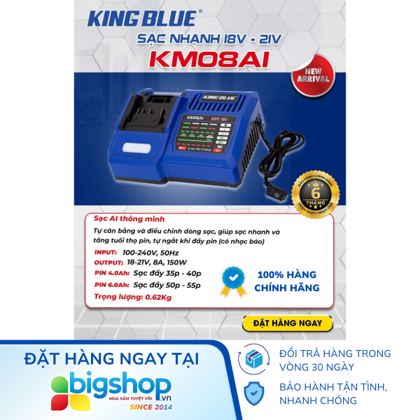 Sạc pin nhanh KINGBLUE KM08AI (18V-21V, AI thông minh)