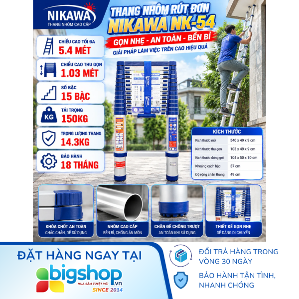 Thang nhôm rút đơn NIKAWA NK-54 (15 bậc, cao 5m4, tải trọng 150kg)