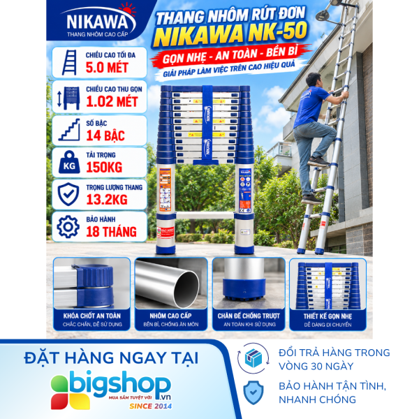 Thang nhôm rút đơn NIKAWA NK-50 (14 bậc, cao 5m, tải trọng 150kg)