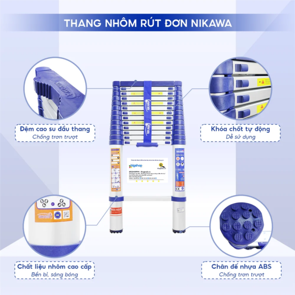 Thang nhôm rút đơn NIKAWA NK-50 (14 bậc, cao 5m, tải trọng 150kg)
