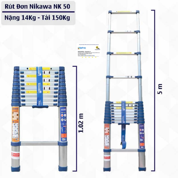 Thang nhôm rút đơn NIKAWA NK-50 (14 bậc, cao 5m, tải trọng 150kg)