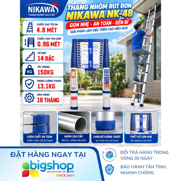 Thang nhôm rút đơn NIKAWA NK-48 (14 bậc, cao 4m8, tải trọng 150kg)