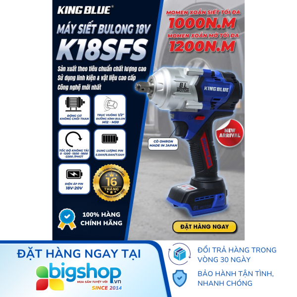 Máy siết bulong dùng pin 18V KINGBLUE K18SFS (Lực siết 1000Nm) - Thân máy