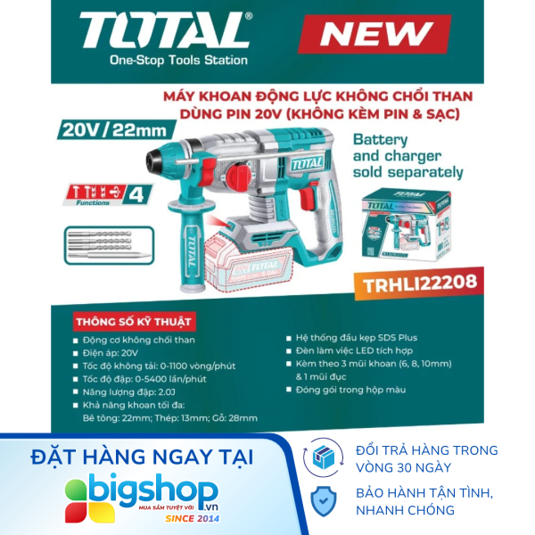 Máy khoan đục bê tông pin 20V TOTAL TRHLI22208 (Chưa bao gồm pin và sạc)