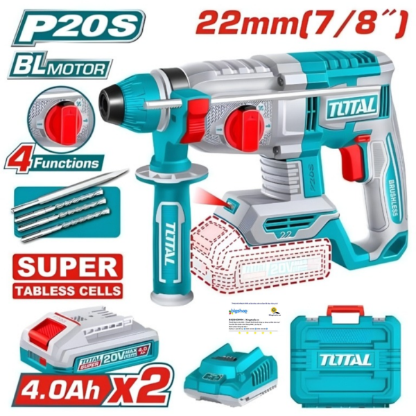 Máy khoan đục bê tông pin 20V TOTAL TRHLI222085 (2 pin 4.0Ah và sạc)