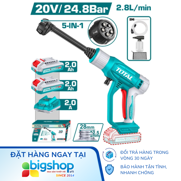 Máy xịt rửa dùng pin 20V TOTAL TPWLI20582 (2 pin 2.0Ah và sạc)