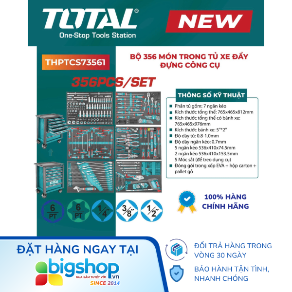 Bộ 356 món trong tủ xe đẩy đựng công cụ TOTAL THPTCS73561