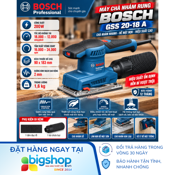 Máy chà nhám rung BOSCH GSS 20-18 A (Công suất 200W, kích thước đế chà 90 x 183 mm)