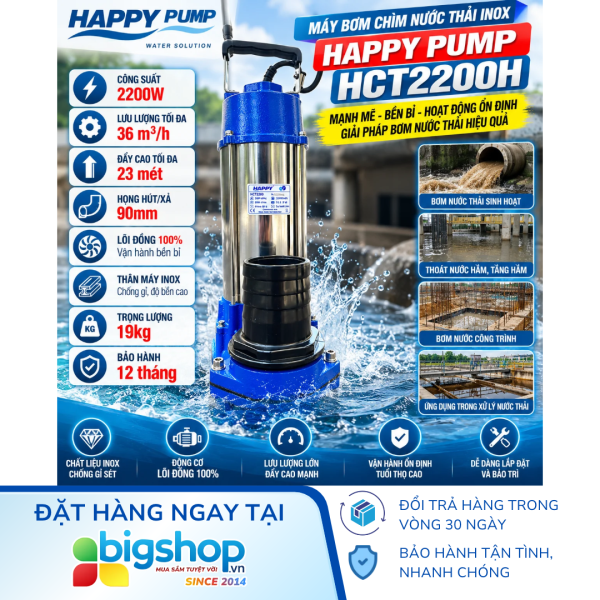 Máy bơm chìm nước thải inox HAPPY PUMP HCT2200H (Công suất 2200W, đẩy cao 23m)