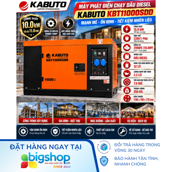 Máy phát điện chạy dầu diesel KABUTO KBT11000SDD (Công suất tối đa 11kW, có cách âm)