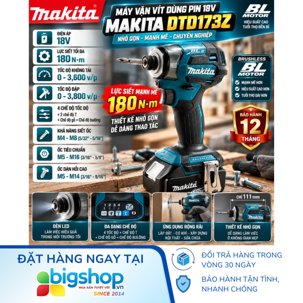 Máy vặn vít dùng pin 18V MAKITA DTD173Z (Lực siết 180Nm) - Thân máy